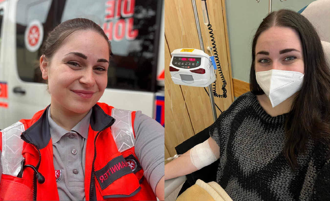 Notfallsanitäterin Anika Schreiber bei der Arbeit vor einem Rettungswagen und während ihrer MS-Basistherapie mit einer Infusion.