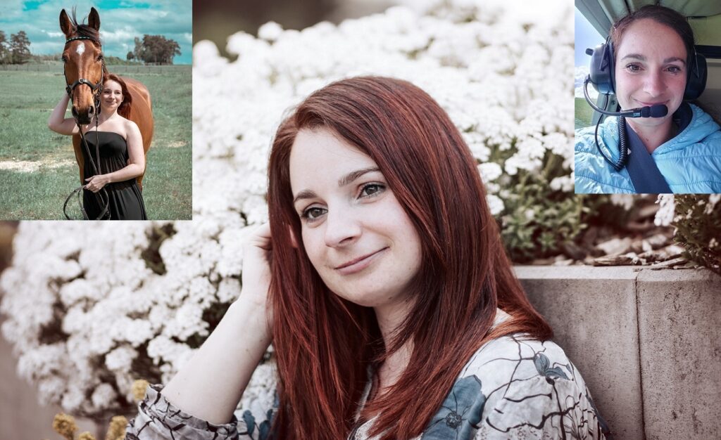 Fotocollage von Marina Seitz, einer jungen Frau mit Multipler Sklerose (MS). Auf dem ersten Bild steht sie lächelnd mit ihrem Pferd in der Natur, auf dem zweiten Bild sieht man sie glücklich in einem Flugzeug oder Hubschrauber mit Headset, und das Hauptbild zeigt sie vor weißen Blumen in der Natur – Marina Seitz, strahlend trotz MS.