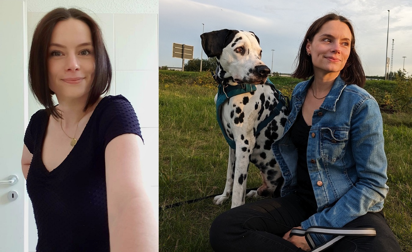 Xenia Hentschel, 32-jährige Frau mit Multipler Sklerose (MS), strahlt auf dem linken Bild im Haus und auf dem rechten Foto im Freien mit ihrem Hund.