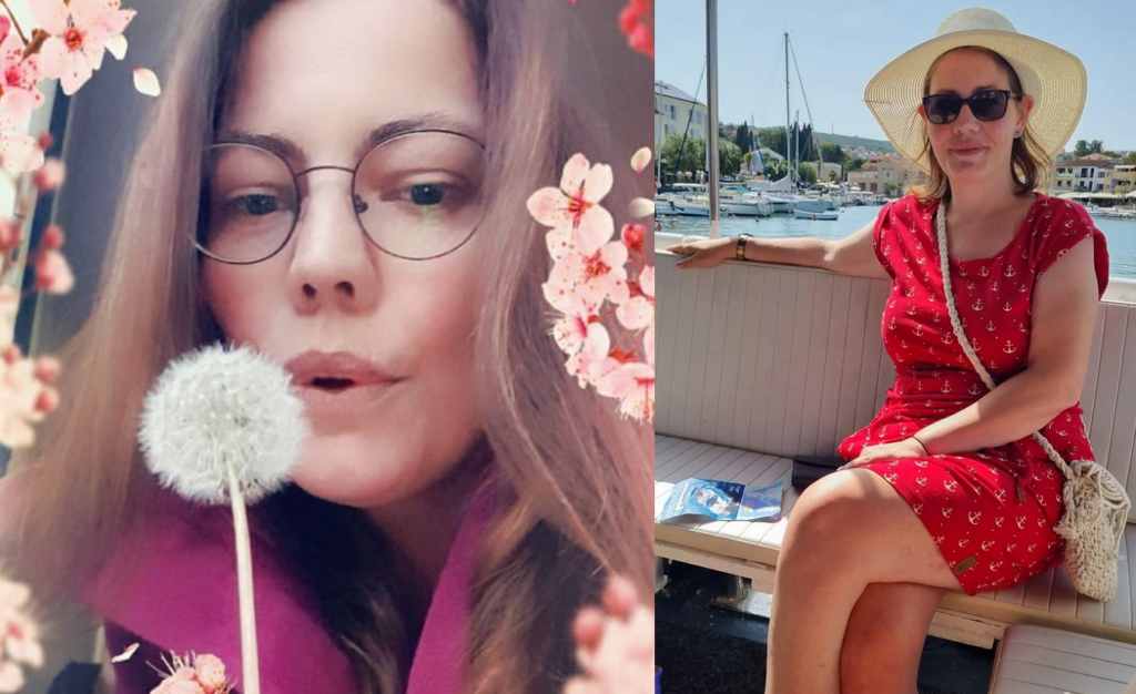 Bild 1: Nadin John pustet Pusteblumen. Bild 2: Nadin John sitzt am Wasser in einem roten Kleid.