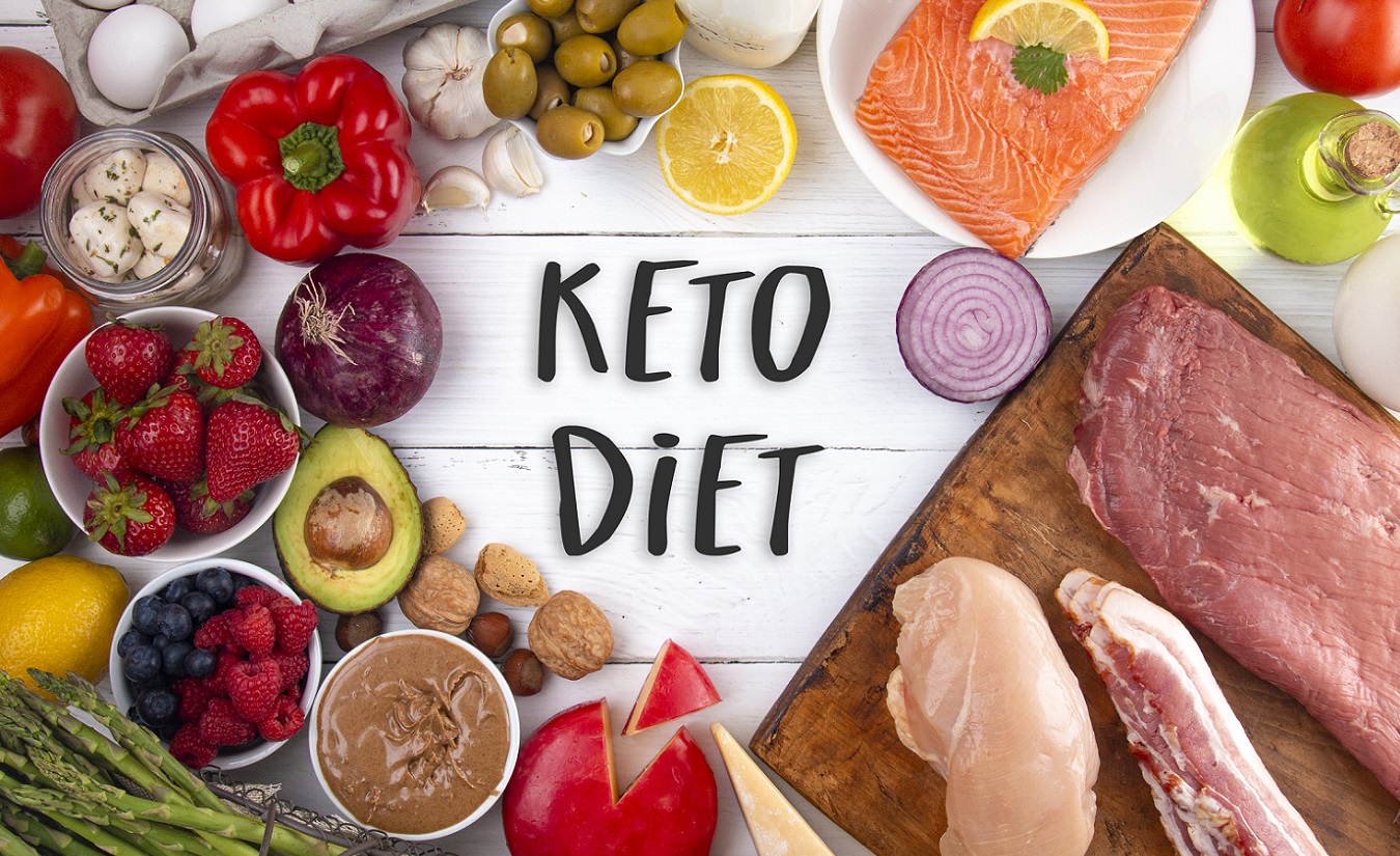 Bild zeigt eine Auswahl an Lebensmitteln für die ketogene Ernährung, darunter Avocado, Eier, Speck, Nüsse und grünes Gemüse.