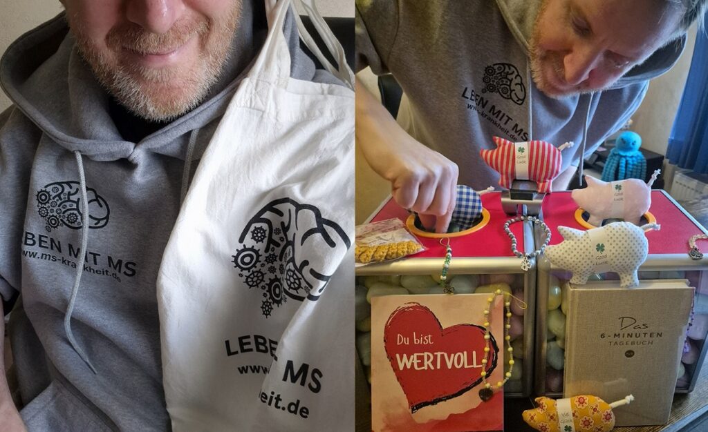 Links: Person mit Fair-Trade-Tasche, rechts: Durchführung eines Gewinnspiels für Menschen mit MS – Beispiele für den Einsatz von Spendengeldern.