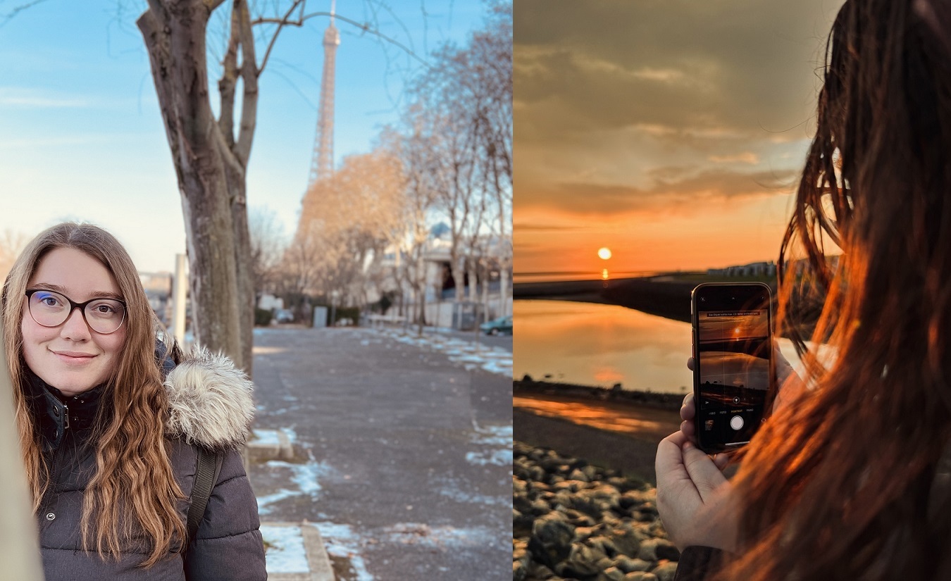 Zwei Bilder von Jacqueline Kuhnke, einer jungen Frau mit MS. Links lächelt sie in dicker Winterjacke in die Kamera, rechts fotografiert sie einen Sonnenuntergang mit ihrem Handy.