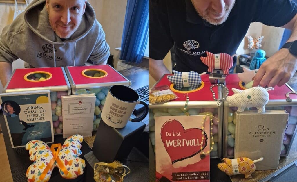 Zwei Fotos von Marco Rickhoffs Gewinnspielen: Links das Welt-MS-Tag-Gewinnspiel 2025 mit Preisen wie MS-Ratgebern, MS-Tassen und Anhängern. Rechts das Good-Vibes-Gewinnspiel mit ähnlichen Gewinnen. Auf beiden Bildern sind Losboxen mit Ü-Ei-Kapseln als Loskugeln zu sehen.