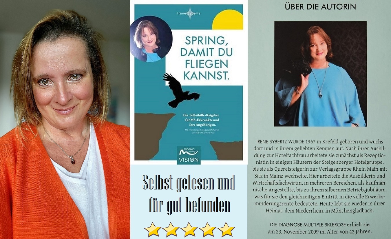 Fotokollage zum MS-Ratgeber von Irene Sybertz mit einem Foto von Irene, dem Buchcover und Informationen über die Autorin