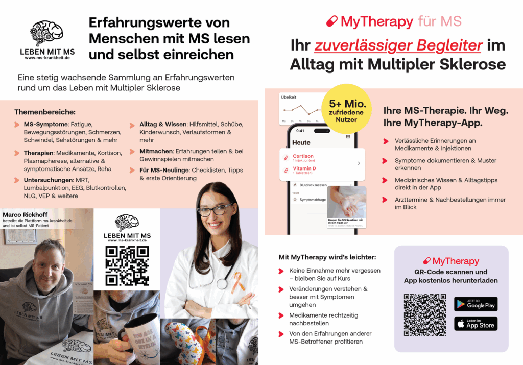 Zweiseitiger Gemeinschaftsflyer zum Thema Multiple Sklerose von MS-Domain und MyTherapy App mit QR-Codes, Mai 2025