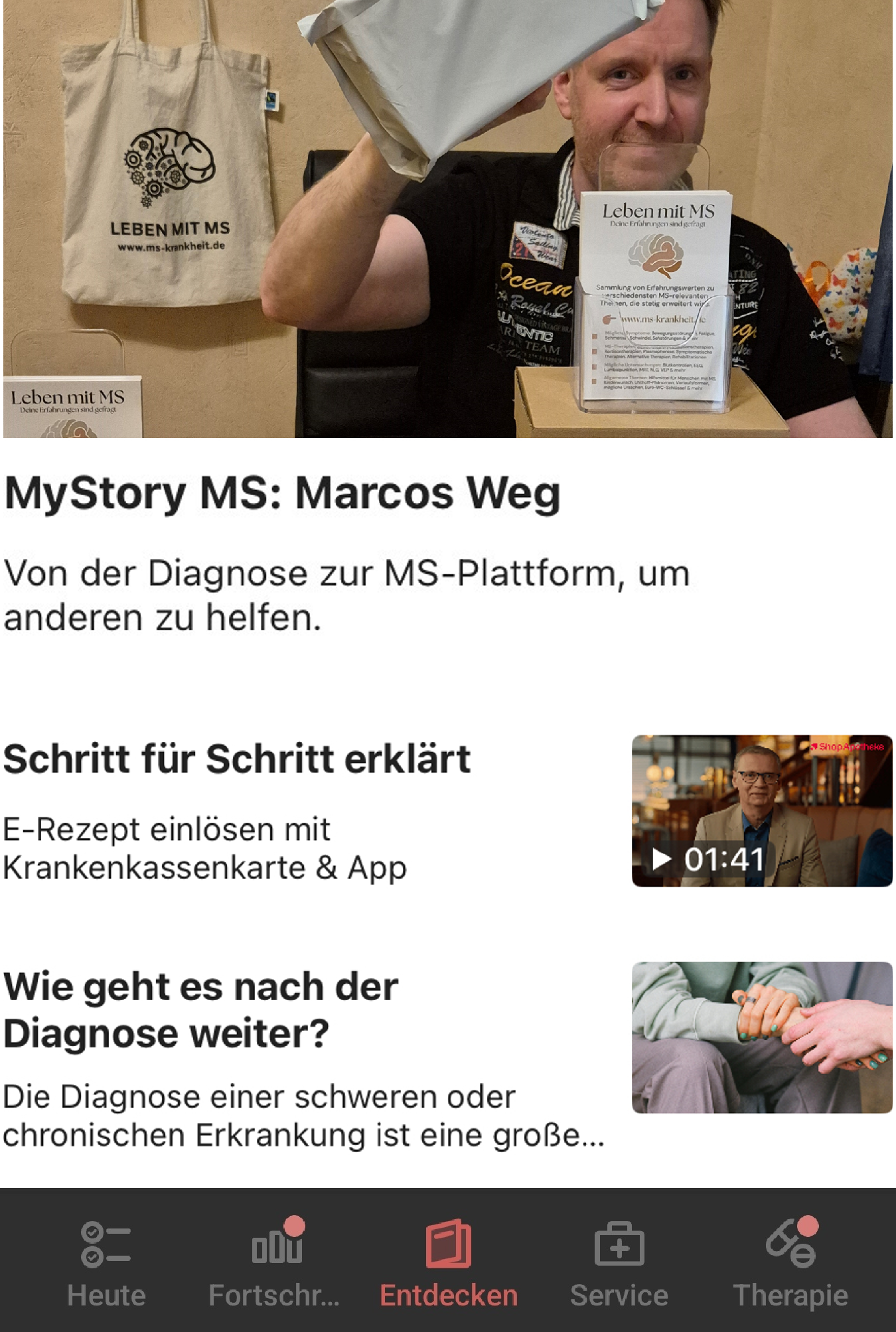 Screenshot der MyTherapy App mit MS-Beiträgen