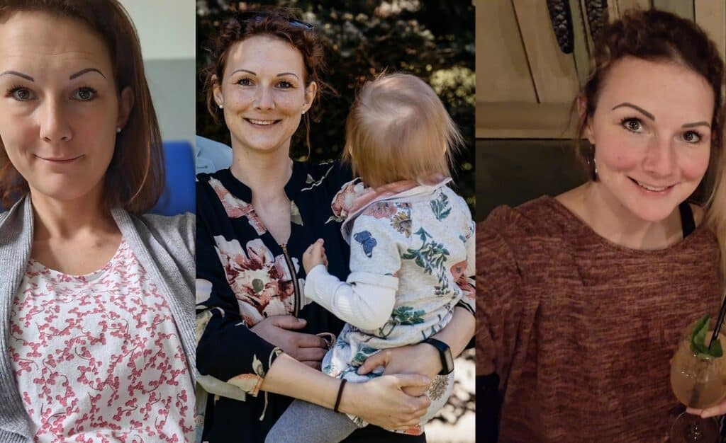 Foto-Kollage von Jennifer Claus, einer MS-Patientin, mit Aufnahmen aus ihrem Alltag: in der Charité bei einer Infusion, mit ihrem Kind und beim Entspannen mit einem Cocktail.