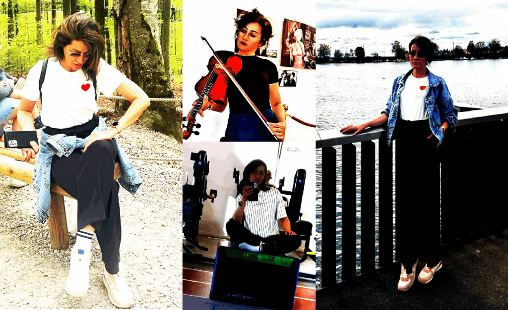 Fotokollage von Albiona Cenka mit MS – beim Wandern, Musizieren, am See und im Fitnessstudio