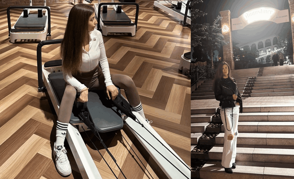 Fotocollage von Dominique Désirée Prodoehl, einer jungen Frau mit Multipler Sklerose – links im Fitnessstudio auf einem Rudergerät, rechts auf den Stufen vor einem Restaurant