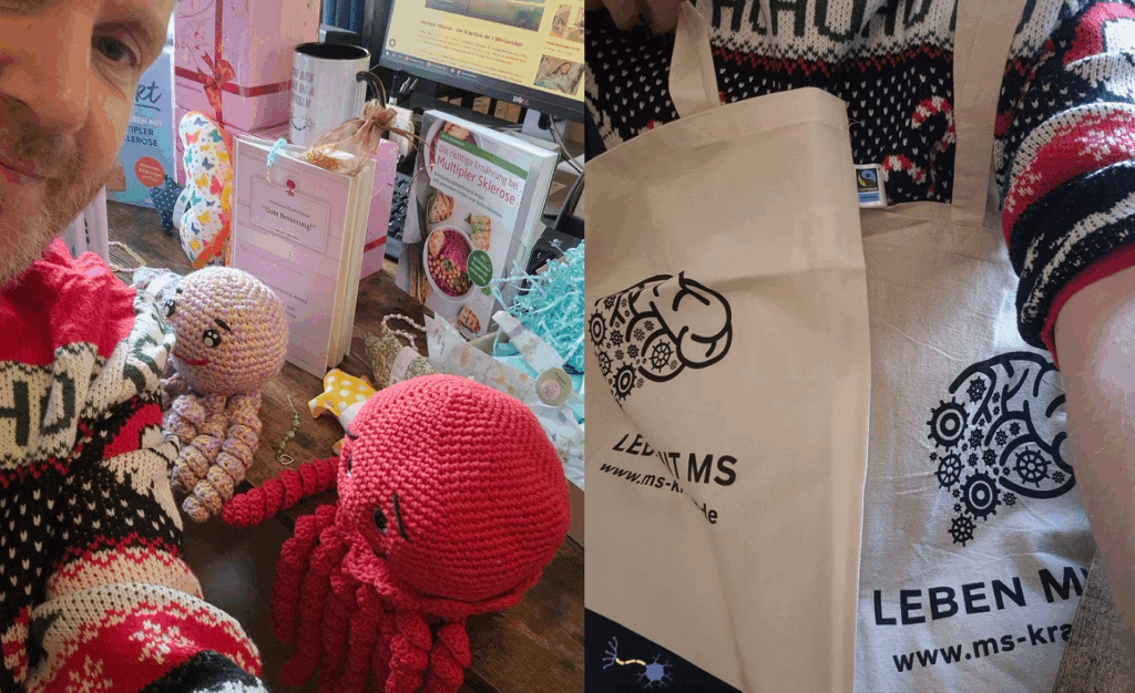 Headerbild zum XMAS-Gewinnspiel 2025: Marco Rickhoff im Weihnachtspullover sowie mit Fair-Trade-Taschen, daneben Preise wie Aufpassquallen, MS-Bücher, MS-Tassen und Taschen.
