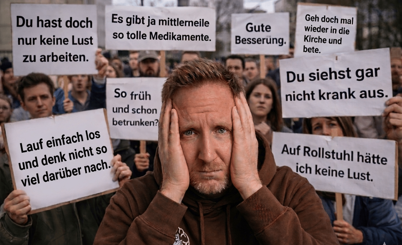 Ein Mann in einem braunen Hoodie mit dem Aufdruck „Leben mit MS“ blickt verzweifelt in die Kamera und hält sich die Hände an den Kopf. Er ist umgeben von Menschen, die Schilder mit unsensiblen Sprüchen wie „Du siehst gar nicht krank aus“ oder „Lauf einfach los“ hochhalten.