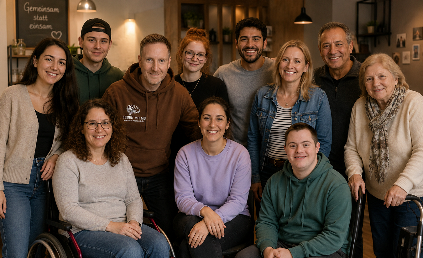 Elf Menschen mit Multipler Sklerose unterschiedlichen Alters stehen und sitzen gemeinsam in einem gemütlichen Raum und schauen freundlich in die Kamera. Einige nutzen Hilfsmittel wie Rollstuhl oder Rollator, bei anderen ist die Erkrankung nicht sichtbar. Marco Rickhoff trägt einen braunen Hoodie mit dem Logo seiner MS-Domain.
